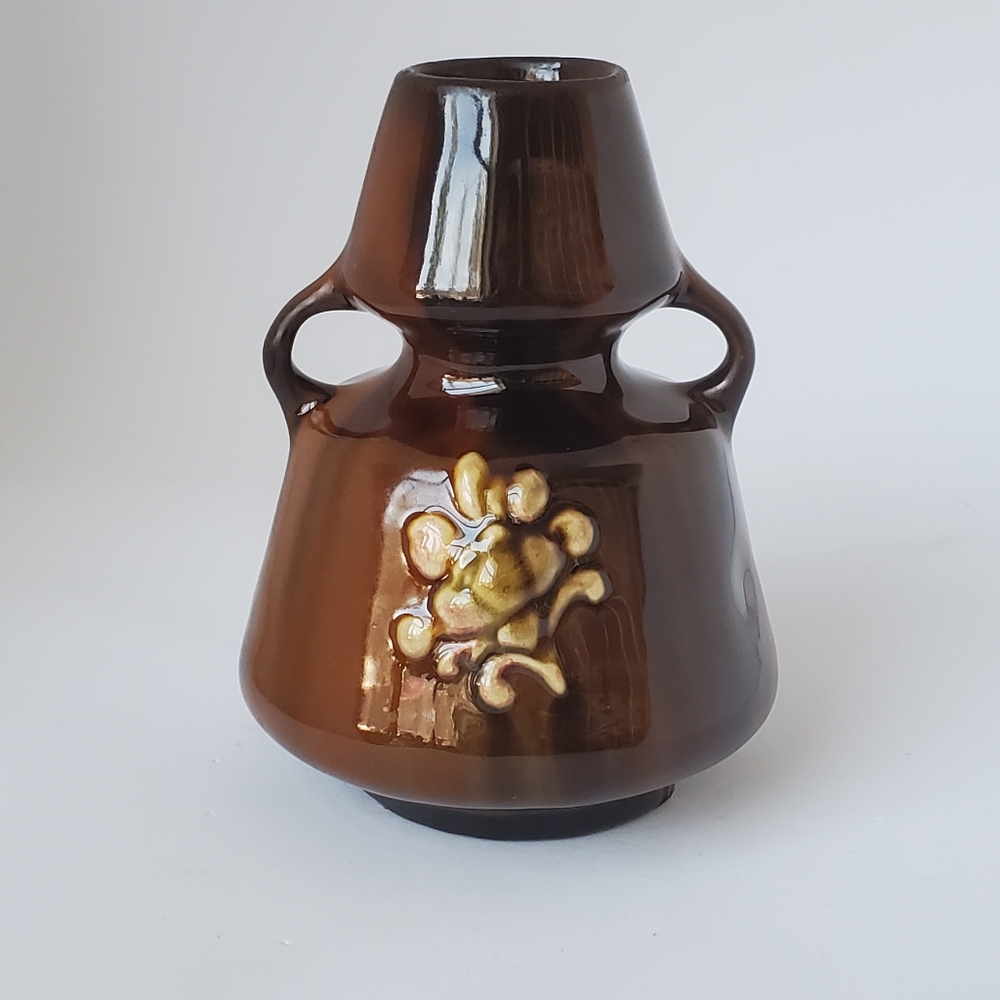 Peters & Reed Two Handled Pottery Vase Brown Glaze and a Sprigware Floral Design
